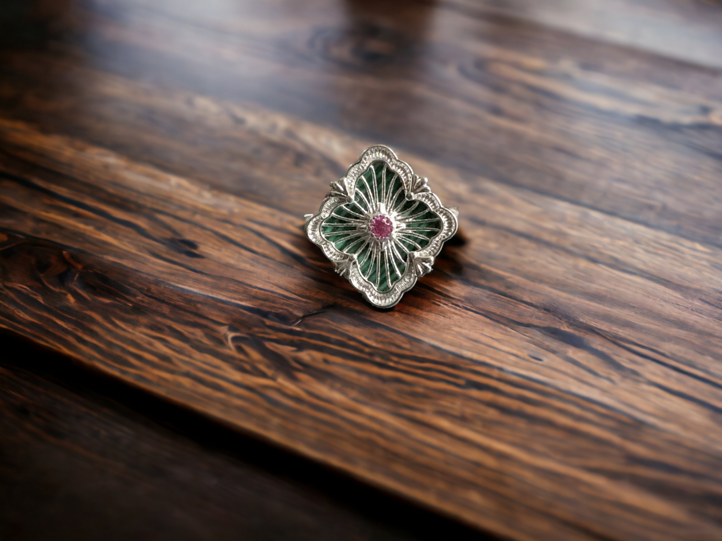 Four-leaf Clover Floral Green Statement Ring