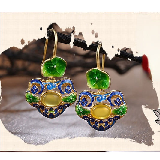 Cloisonne Lotus Leaf Floral Earrings