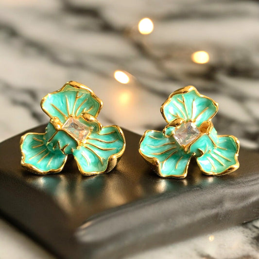 Iris Flower Enamel Statement Earrings