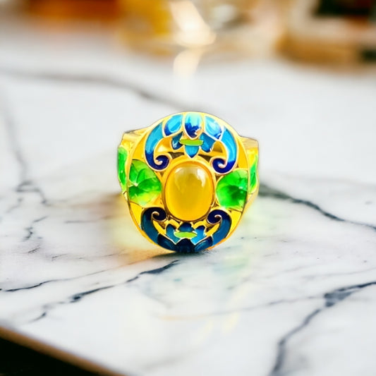 Vintage Style Cloisonne Yellow Agate Statement Ring