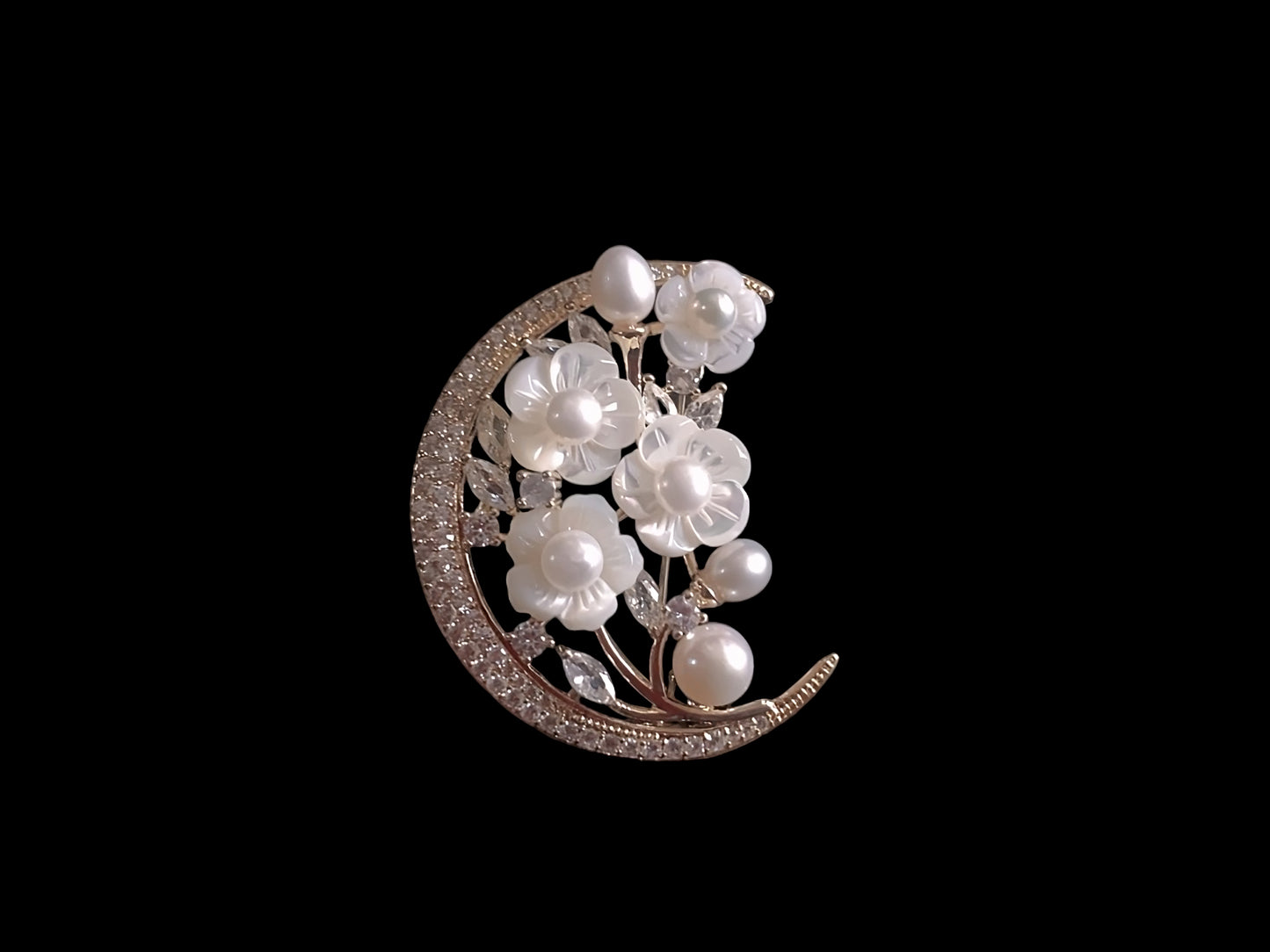 Crescent Moon Cowrie Shell Floral Brooch