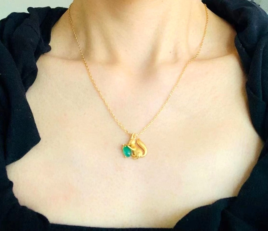 Vintage Style Chrysoprase Squirrel Acorn Necklace