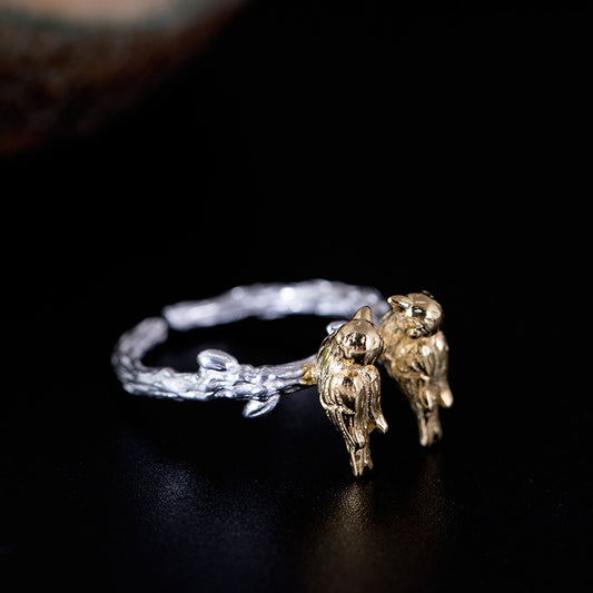 Two Birds on Branch Silver Ring