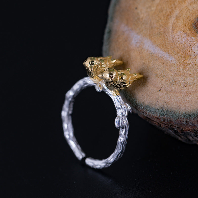 Two Birds on Branch Silver Ring