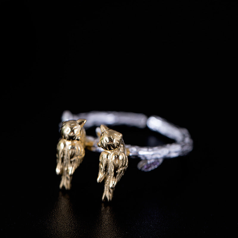 Two Birds on Branch Silver Ring