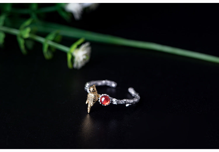 Bird Branch Red Garnet Silver Ring