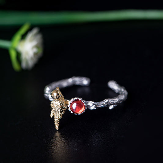 Bird Branch Red Garnet Silver Ring