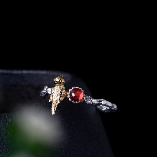 Bird Branch Red Garnet Silver Ring