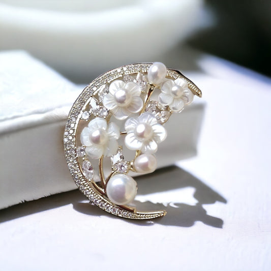 Crescent Moon Cowrie Shell Floral Brooch