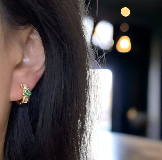 Lucky Clover Emerald Green CZ Huggie Hoop Earrings