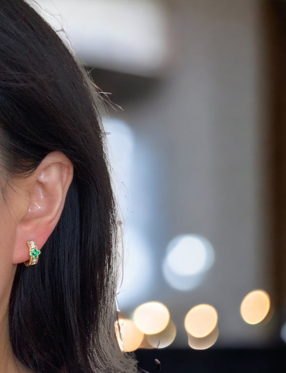 Lucky Clover Emerald Green CZ Huggie Hoop Earrings