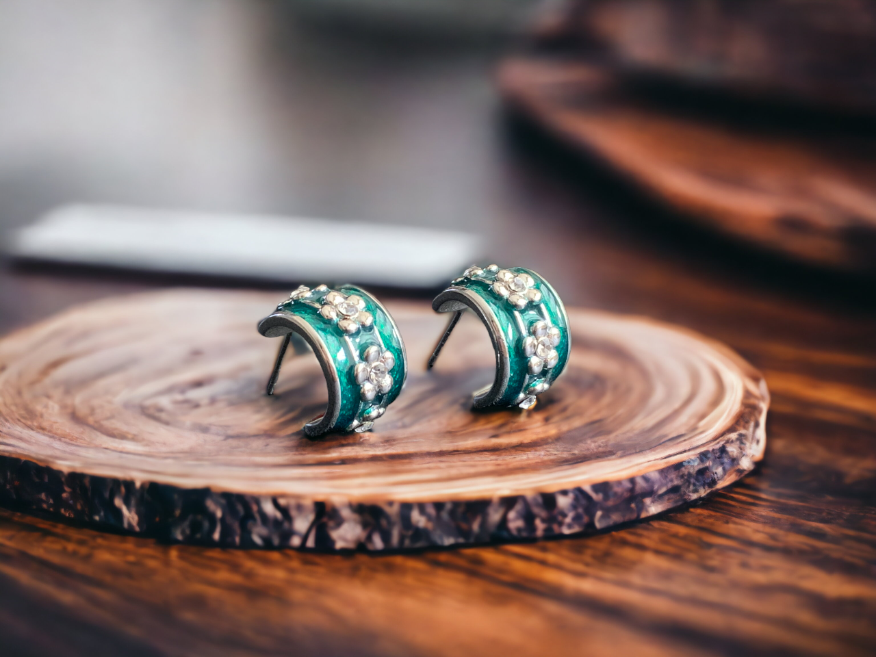 Green Enamel Flower Hoop Earrings