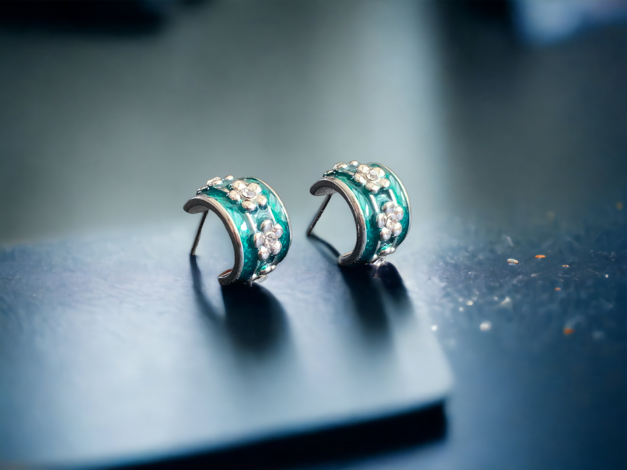 Green Enamel Flower Hoop Earrings