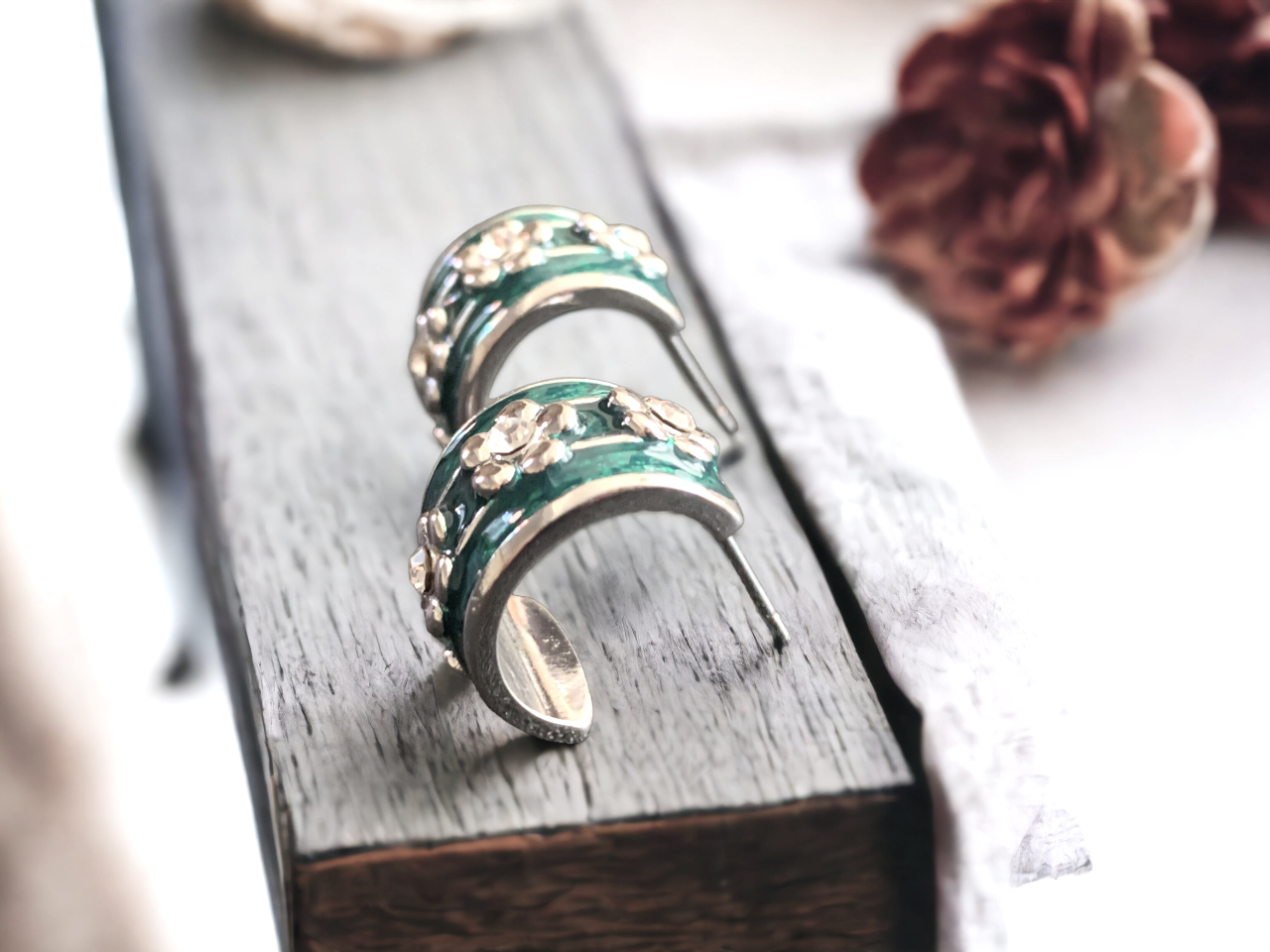 Green Enamel Flower Hoop Earrings