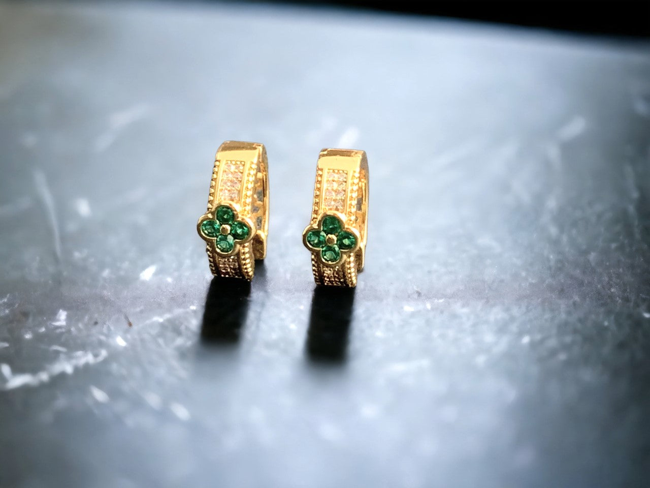 Lucky Clover Emerald Green CZ Huggie Hoop Earrings