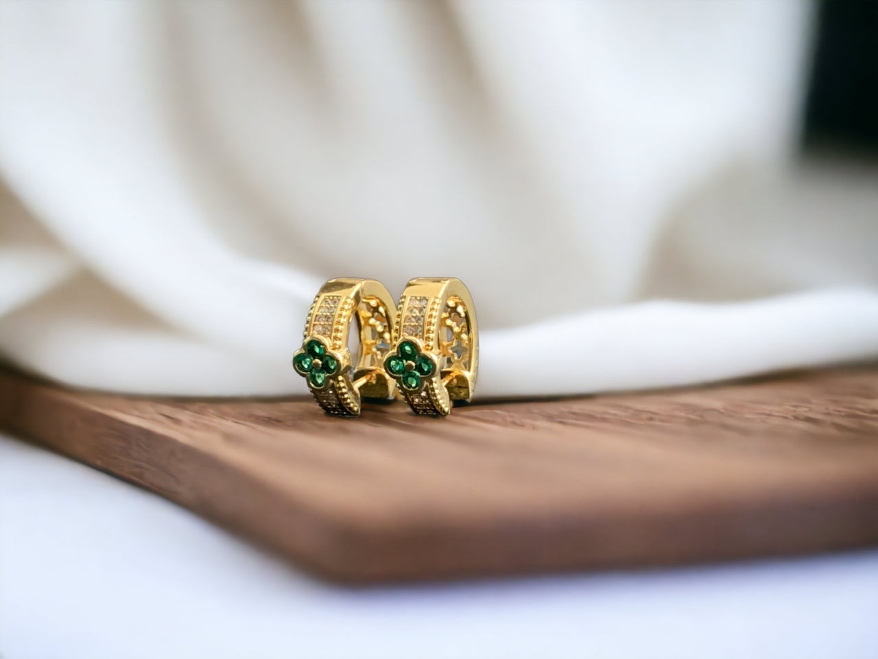 Lucky Clover Emerald Green CZ Huggie Hoop Earrings