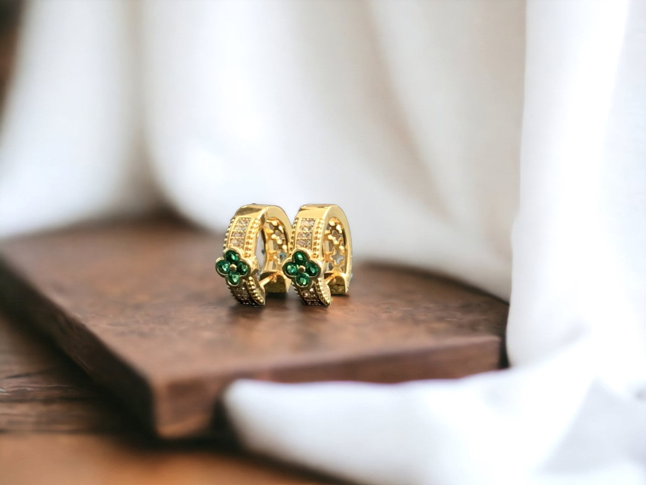 Lucky Clover Emerald Green CZ Huggie Hoop Earrings