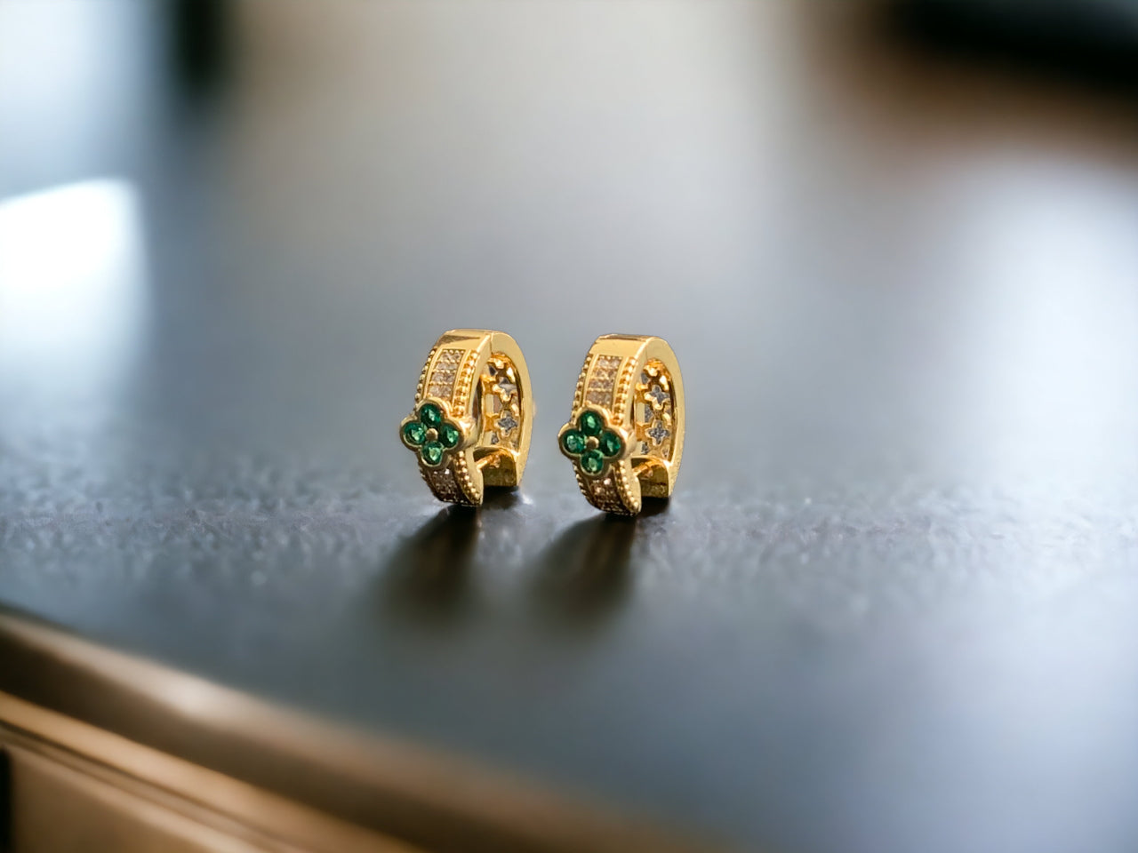 Lucky Clover Emerald Green CZ Huggie Hoop Earrings