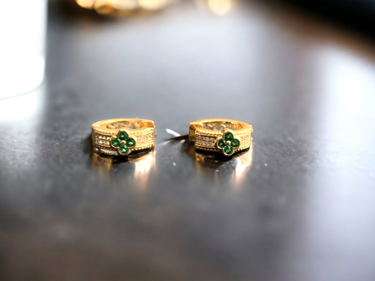 Lucky Clover Emerald Green CZ Huggie Hoop Earrings