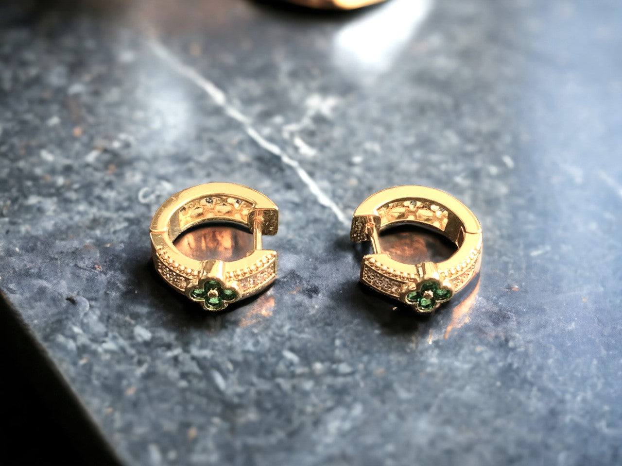 Lucky Clover Emerald Green CZ Huggie Hoop Earrings