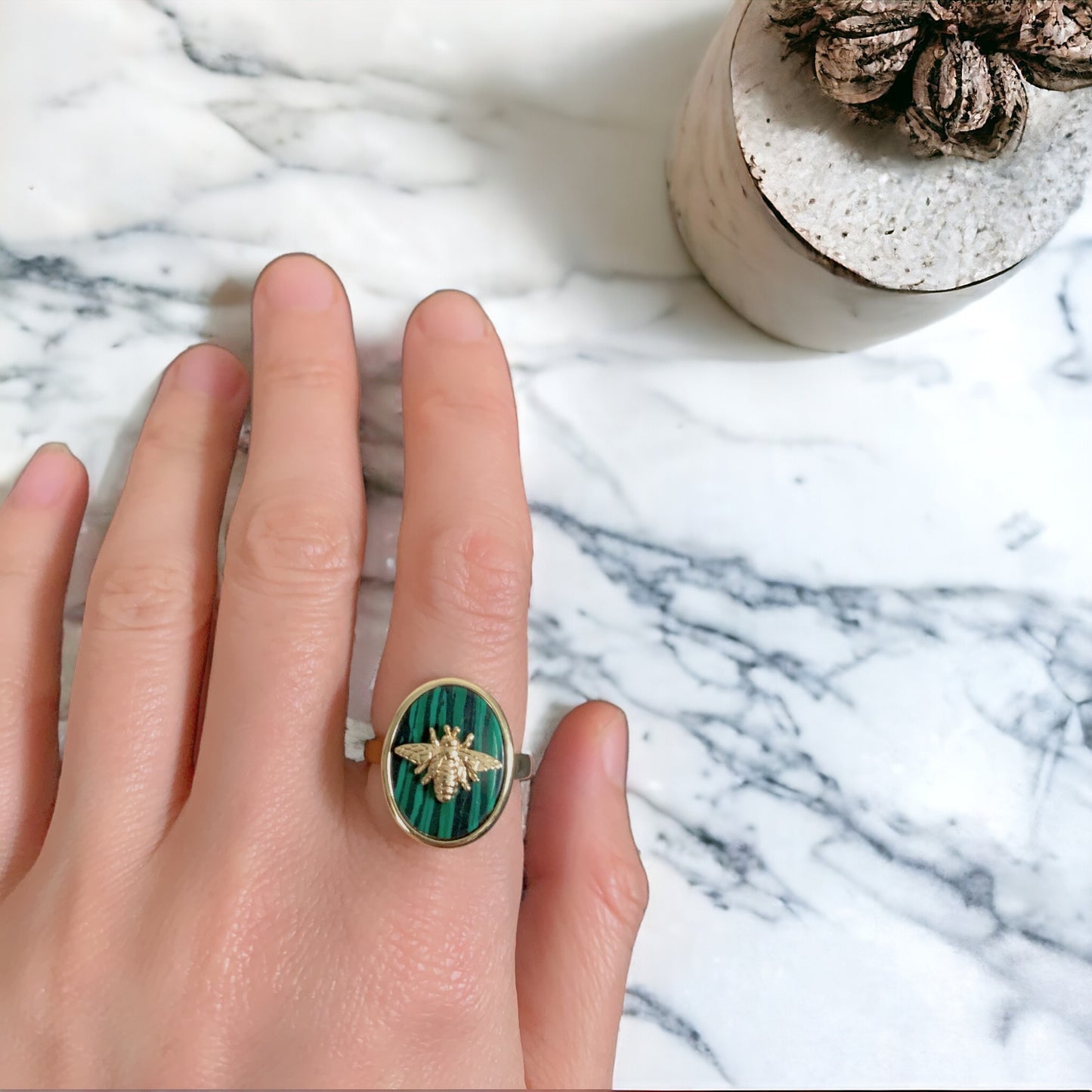 Natural Malachite Bee Signet Ring