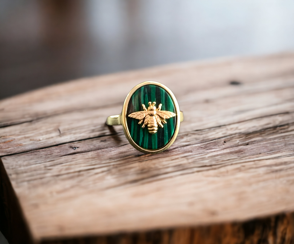 Natural Malachite Bee Signet Ring