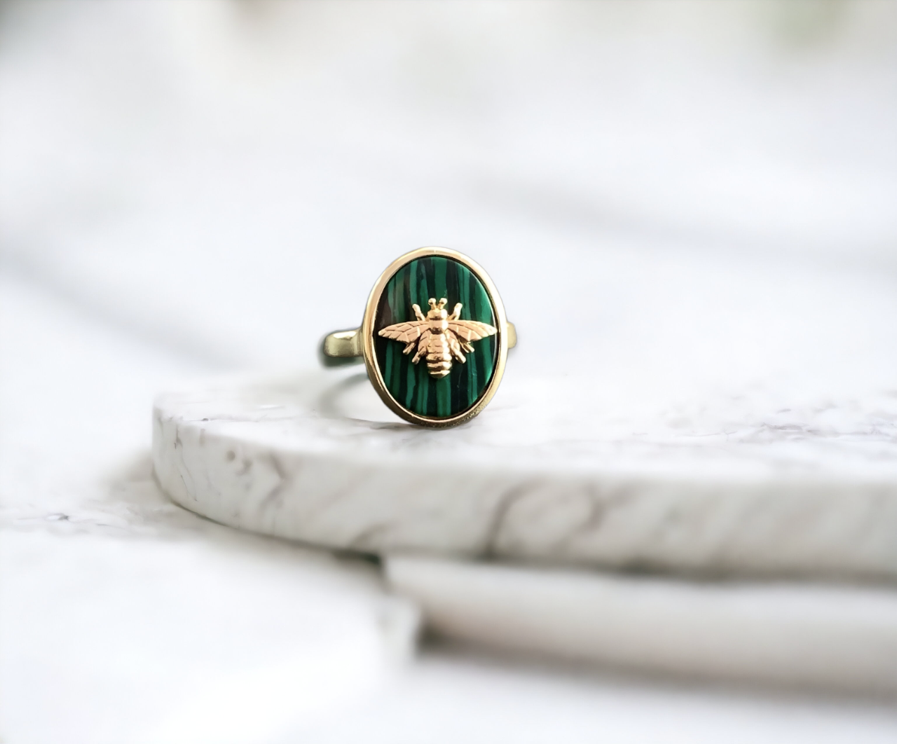 Natural Malachite Bee Signet Ring