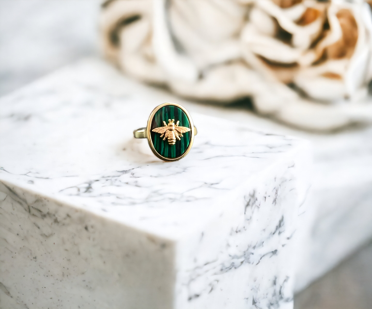 Natural Malachite Bee Signet Ring