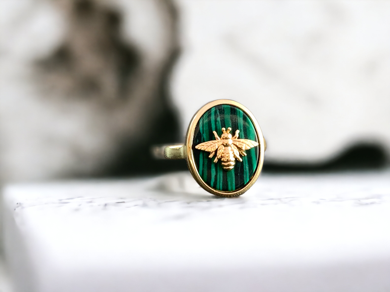 Natural Malachite Bee Signet Ring