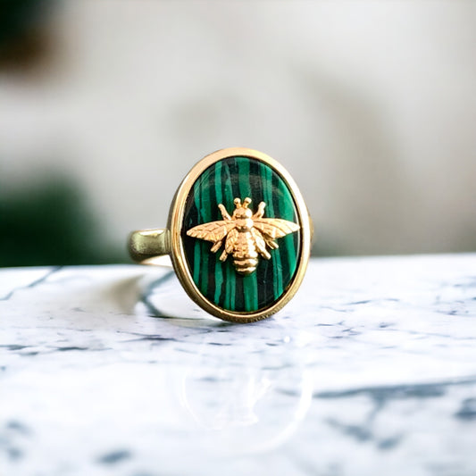 Natural Malachite Bee Signet Ring
