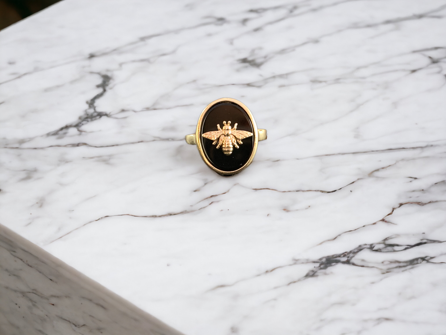 Black Obsidian Bee Signet Ring