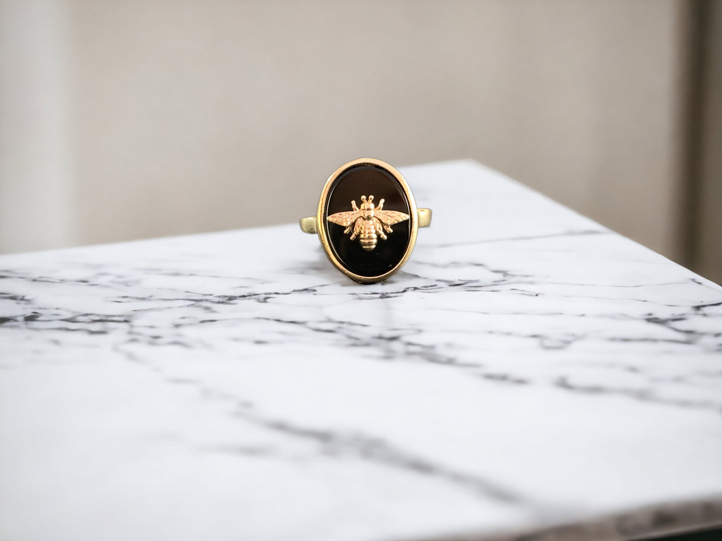Black Obsidian Bee Signet Ring