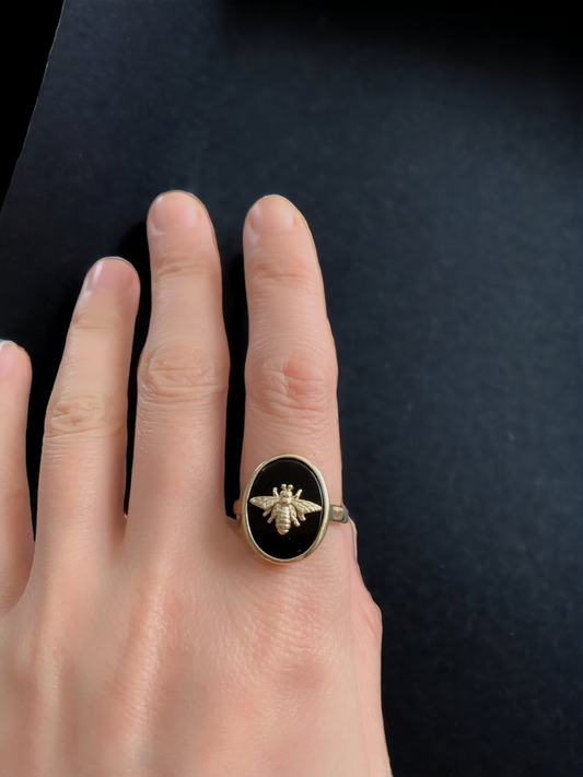 Black Obsidian Bee Signet Ring