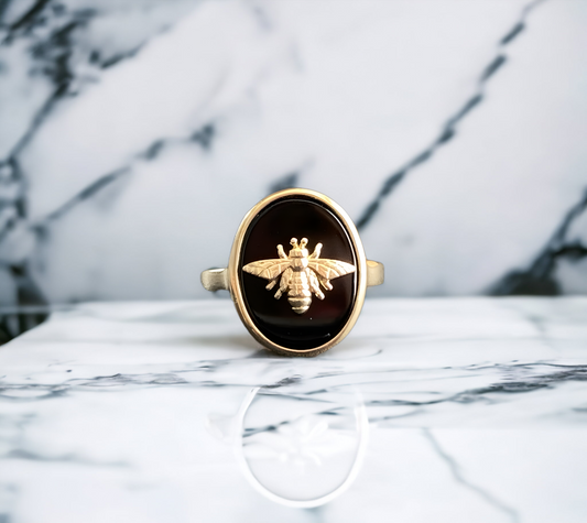 Black Obsidian Bee Signet Ring