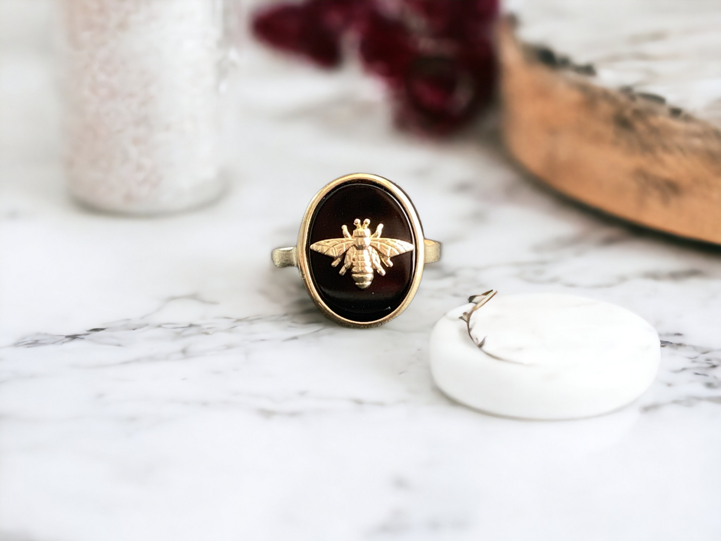 Black Obsidian Bee Signet Ring