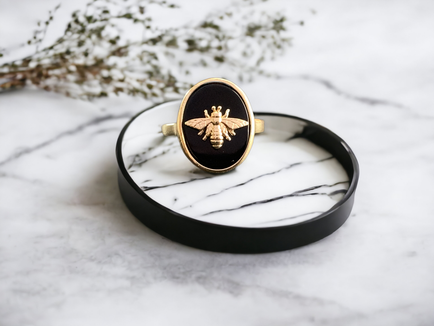 Black Obsidian Bee Signet Ring