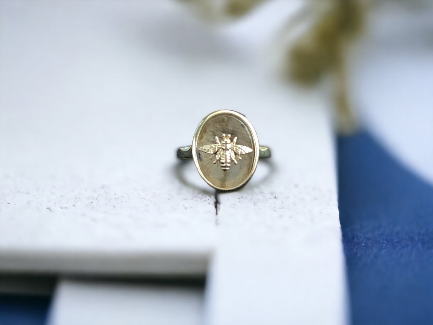 Natural Labradorite Bee Signet Ring