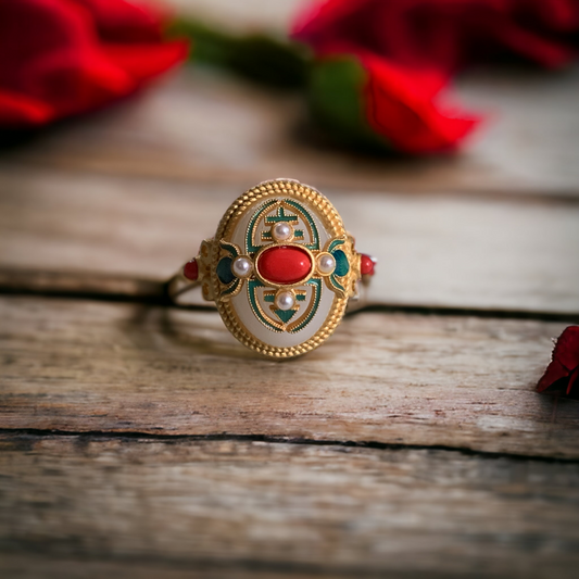 Vintage Design Cloisonne Red Agate Statement Ring