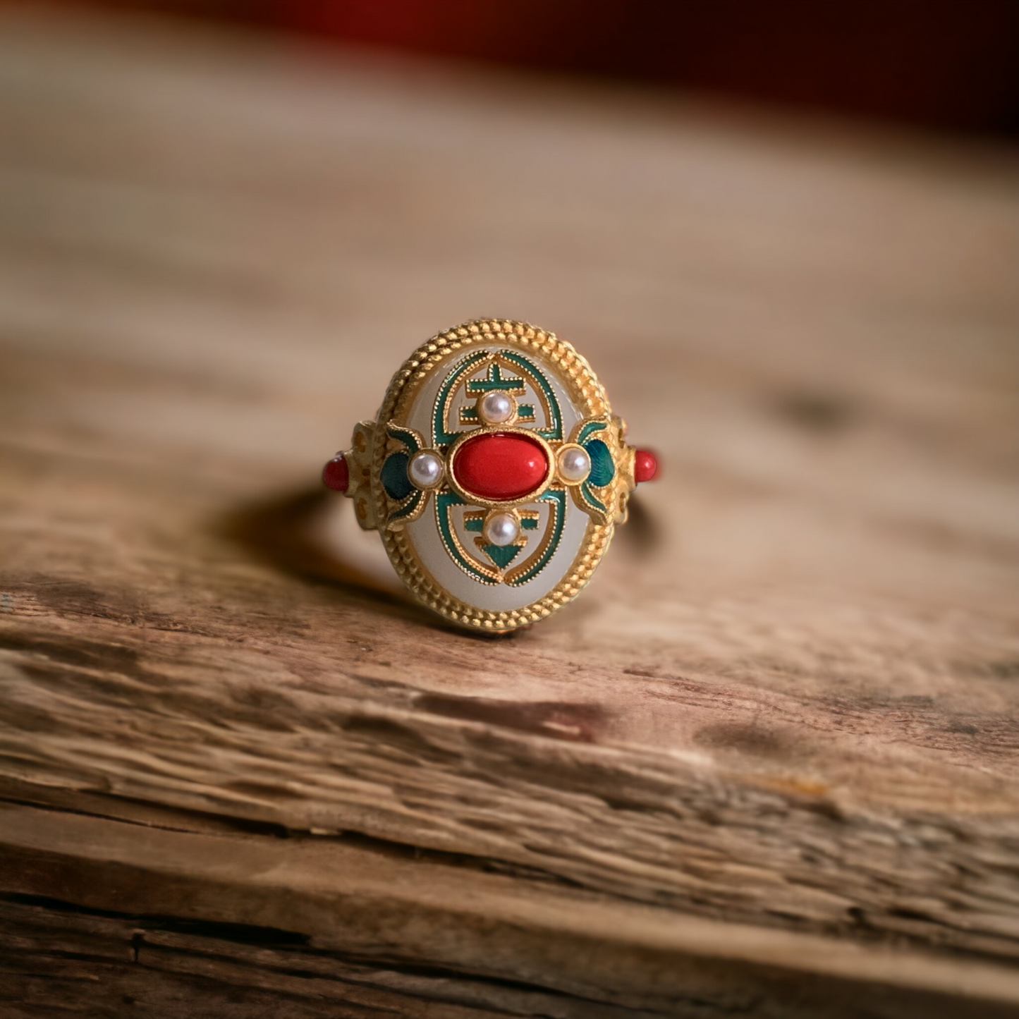 Vintage Design Cloisonne Red Agate Statement Ring