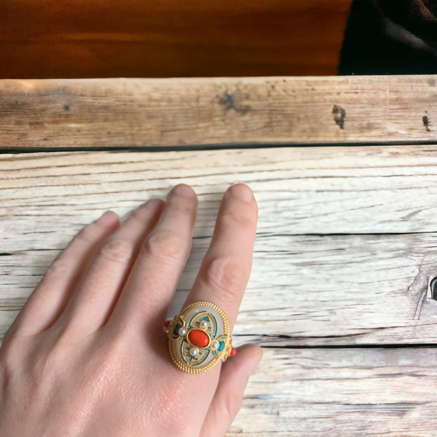 Vintage Design Cloisonne Red Agate Statement Ring