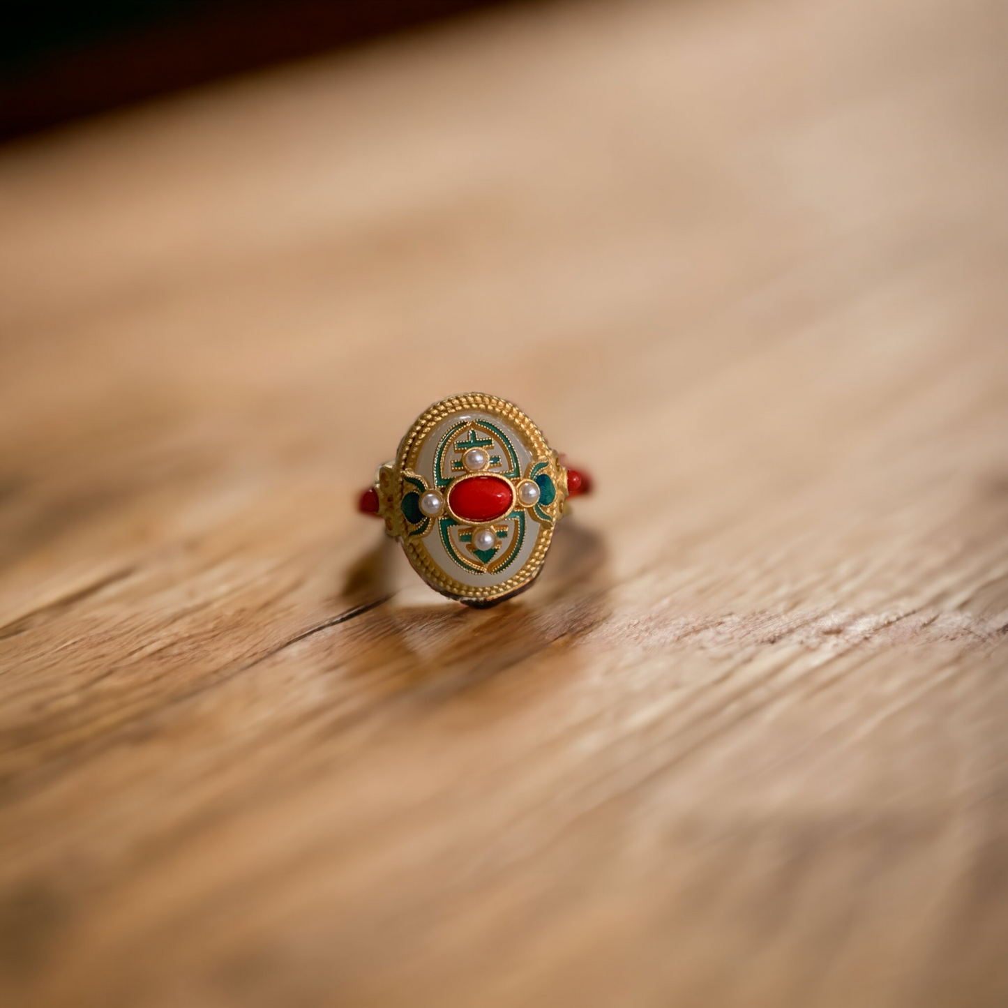 Vintage Design Cloisonne Red Agate Statement Ring