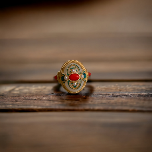 Vintage Design Cloisonne Red Agate Statement Ring