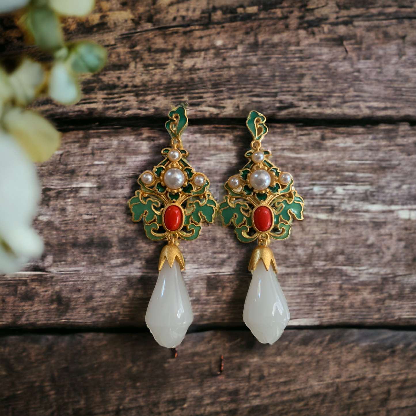 Cloisonne Enamel Vintage Design Magnolia Earrings