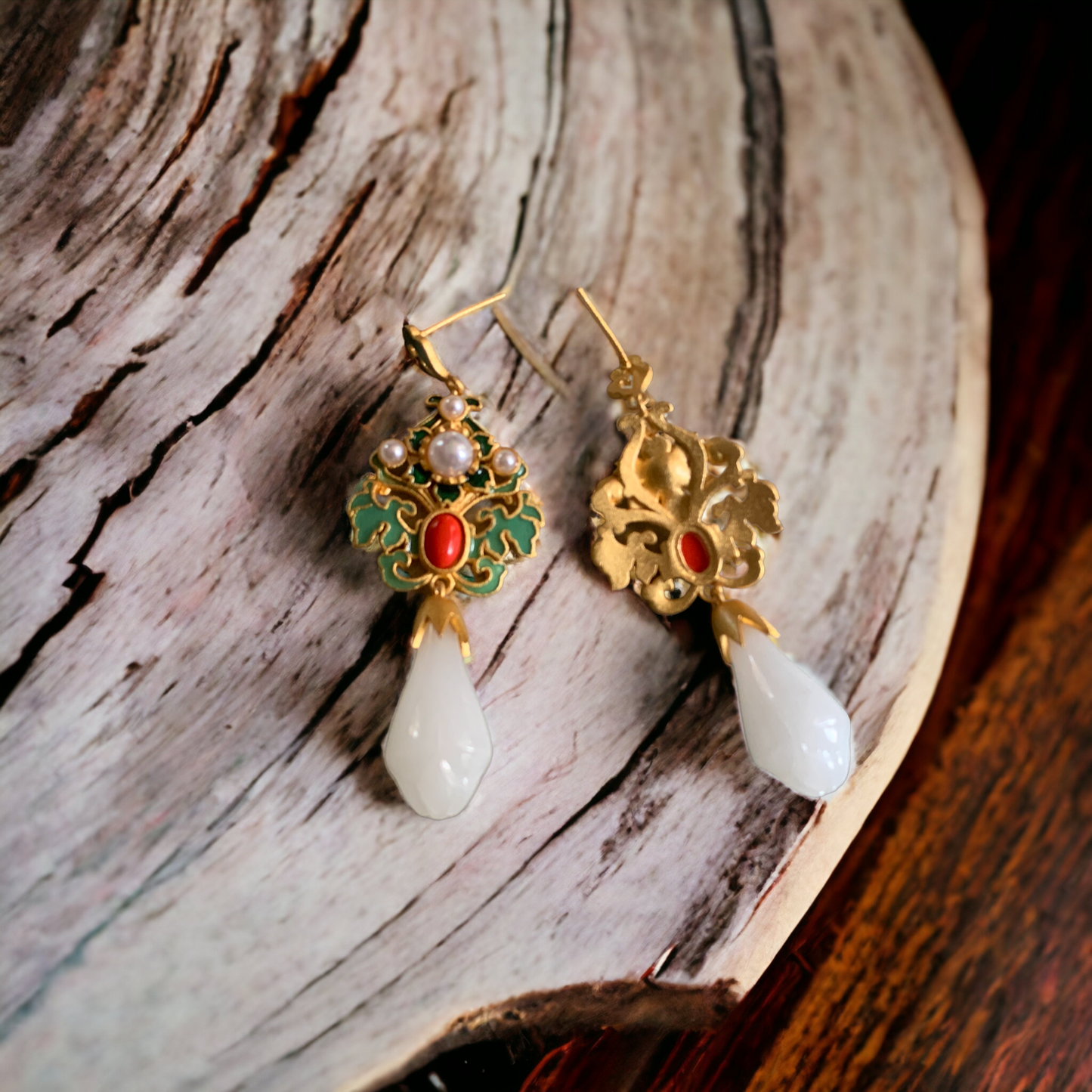 Cloisonne Enamel Vintage Design Magnolia Earrings