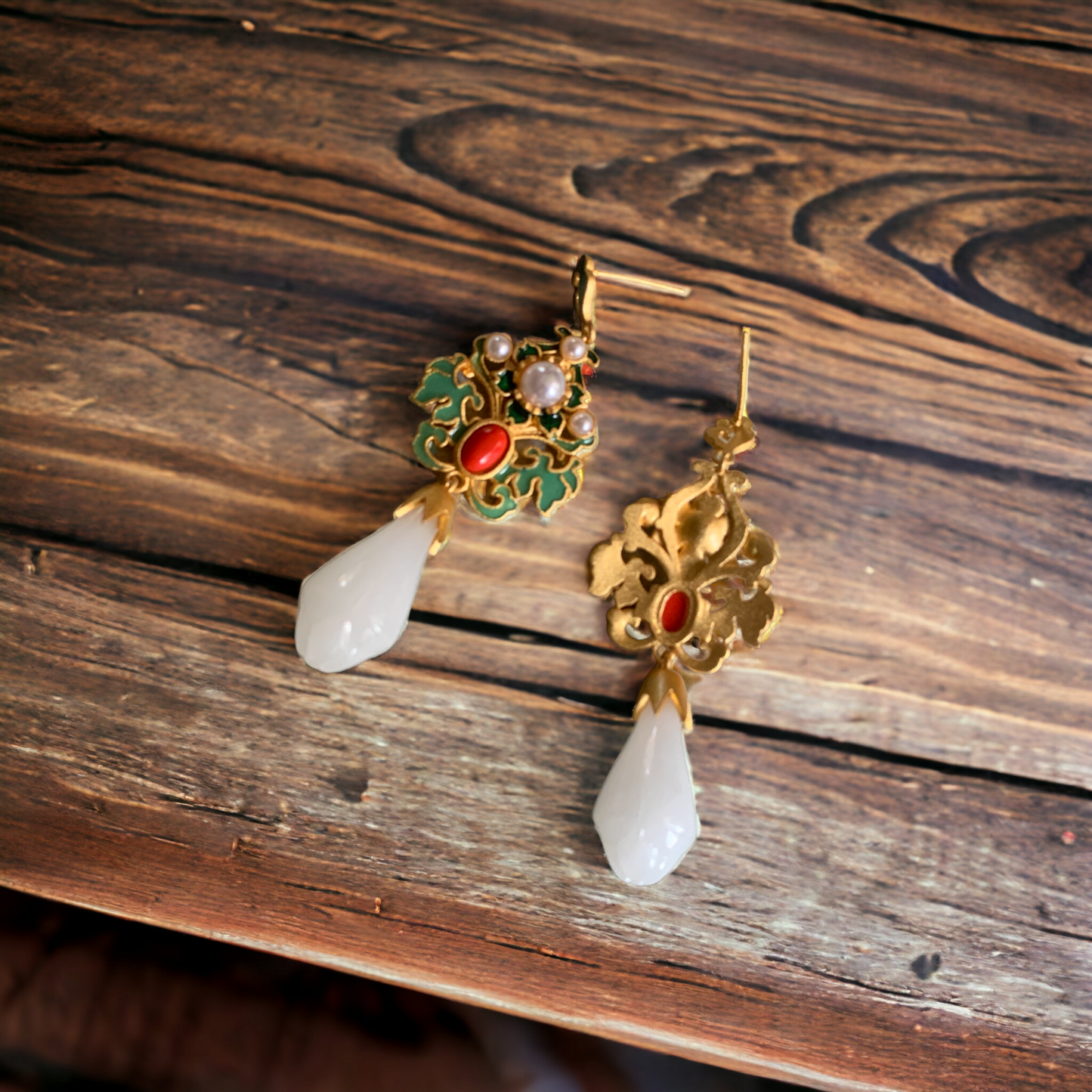 Cloisonne Enamel Vintage Design Magnolia Earrings