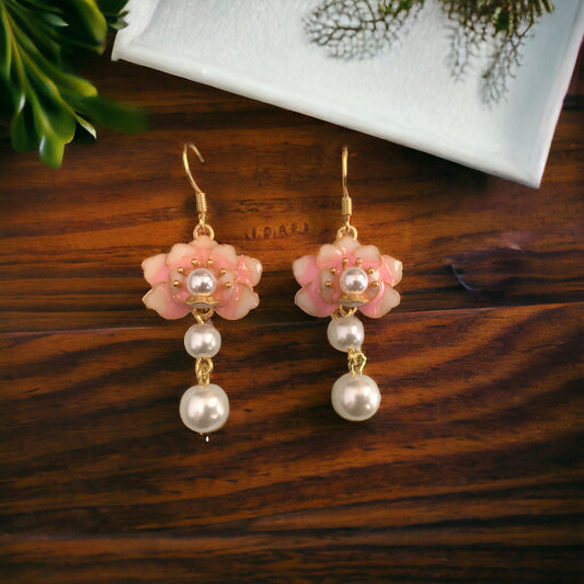 Lotus Flower Enamel Pearl Earrings