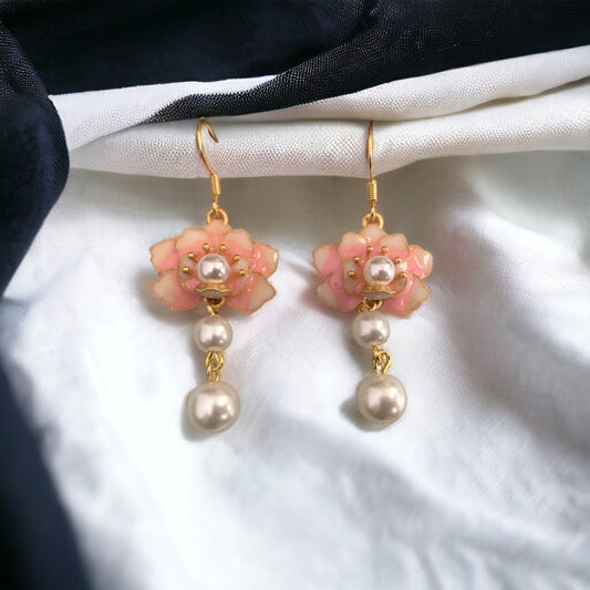Lotus Flower Enamel Pearl Earrings