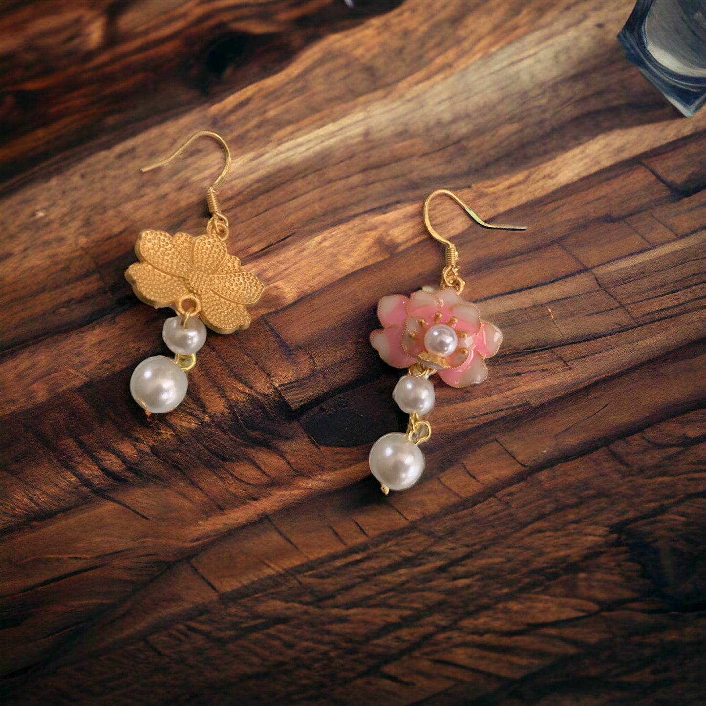 Lotus Flower Enamel Pearl Earrings