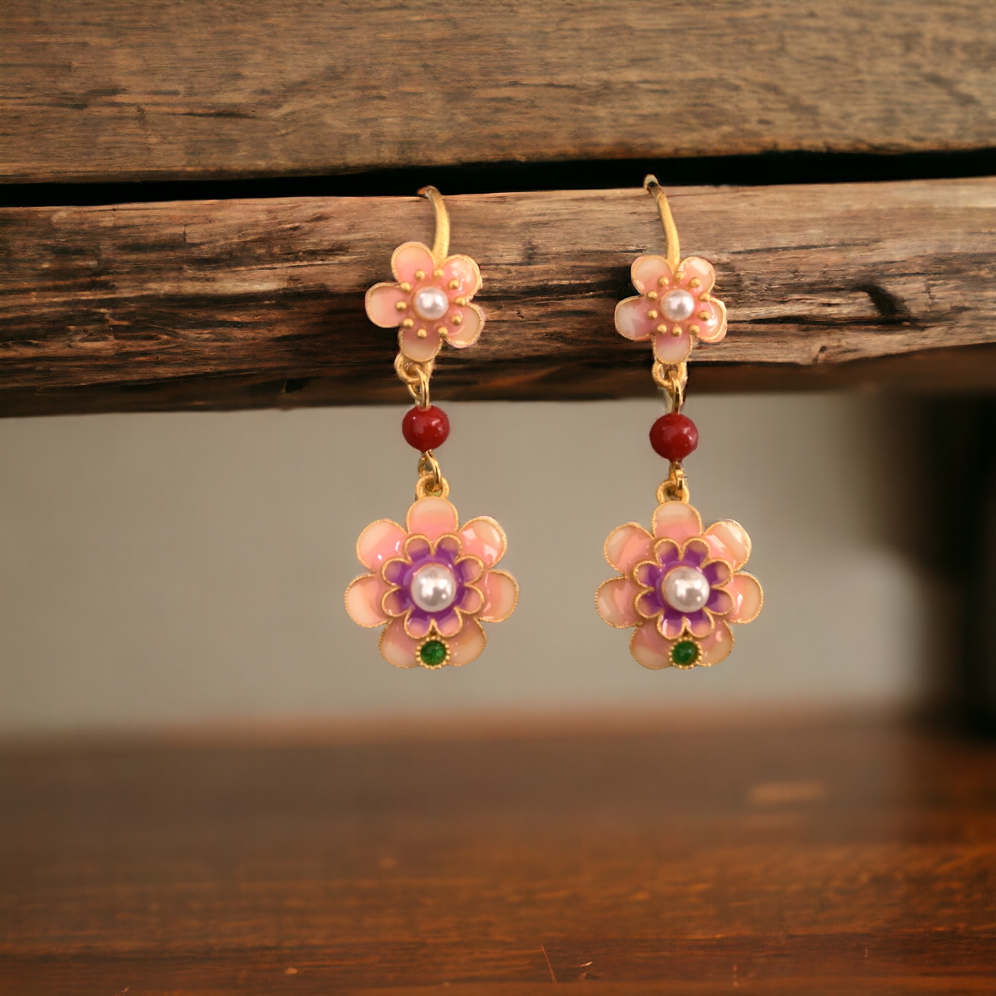 Camellia Pink Enamel Earrings