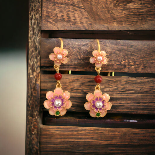 Camellia Pink Enamel Earrings